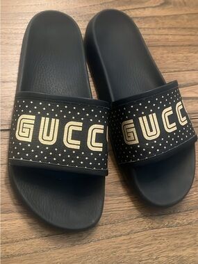 Gucci Black and Gold Star Logo Slide Sandals